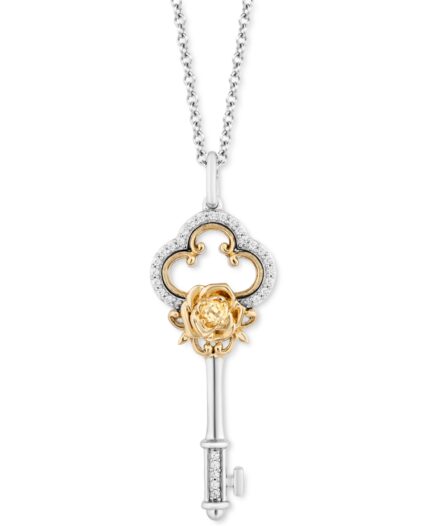 Citrine (1/20 ct. t.w.) & Diamond (1/10 ct. t.w.) Key & Rose 18" Pendant Necklace in Sterling Silver & 14k Gold