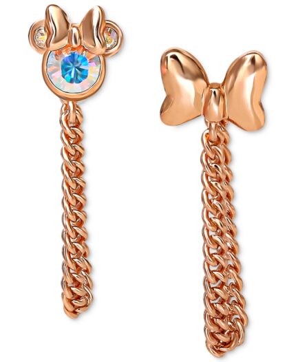 Disney Crystal Minnie Mouse & Bow Mismatch Front to Back Chain Drop Earrings in 18k Rose Gold-Plated Sterling Silver