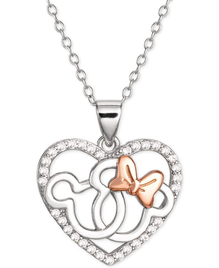 Disney Cubic Zirconia Interlocking Mickey & Minnie Heart 18" Pendant Necklace in Sterling Silver & 18k Rose Gold-Plate