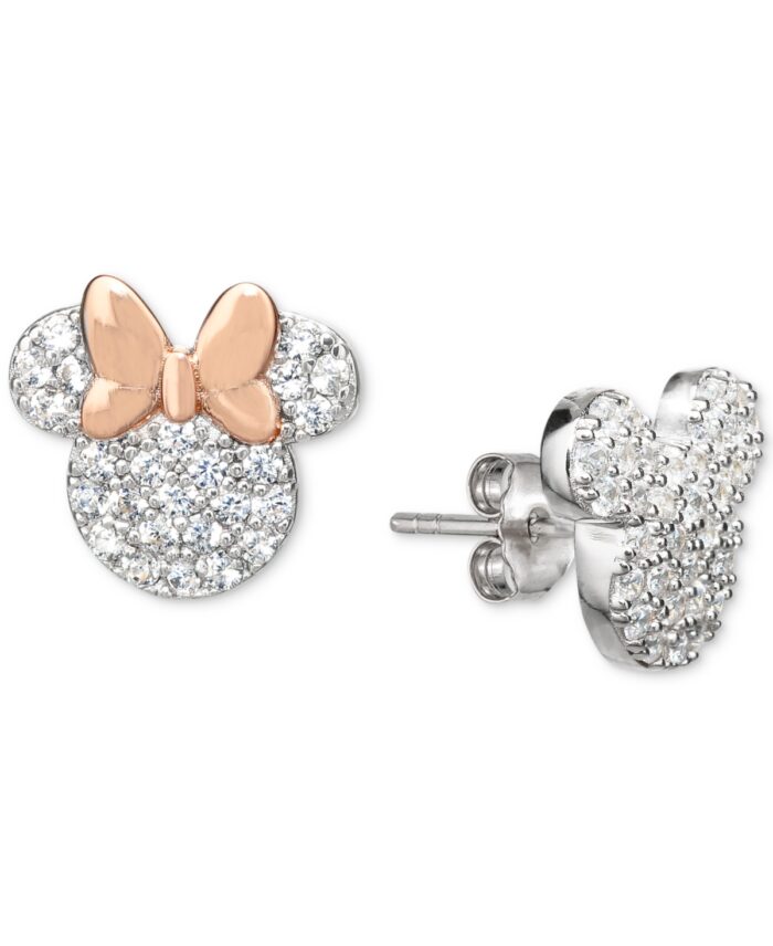 Disney Cubic Zirconia Mickey and Minnie Mismatch Stud Earrings in Sterling Silver & 18k Rose Gold-Plate