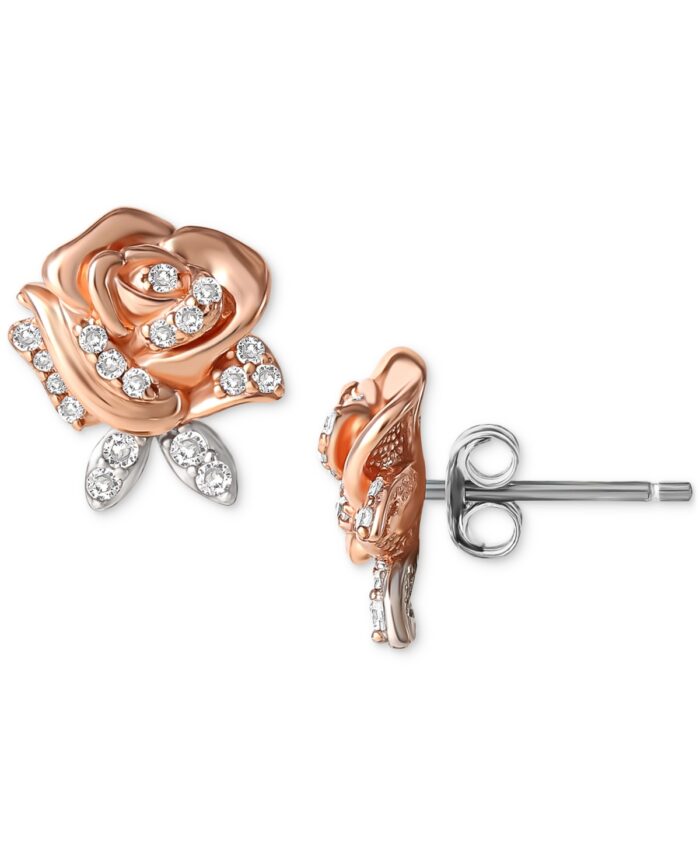 Disney Cubic Zirconia Rose Beauty & The Beast Stud Earrings in Sterling Silver & 18k Rose Gold-Plate