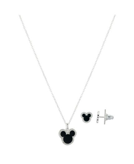 Disney Fine Silver Plated Crystal Black Enamel Mickey Head Pendant Necklace and Earrings Set, 2 Piece