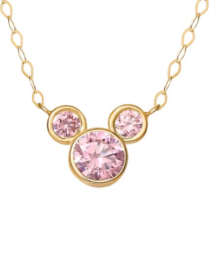 Disney Mickey Mouse Cubic Zirconia Birthstone Pendant Necklace with 15" Chain in 14k Yellow Gold