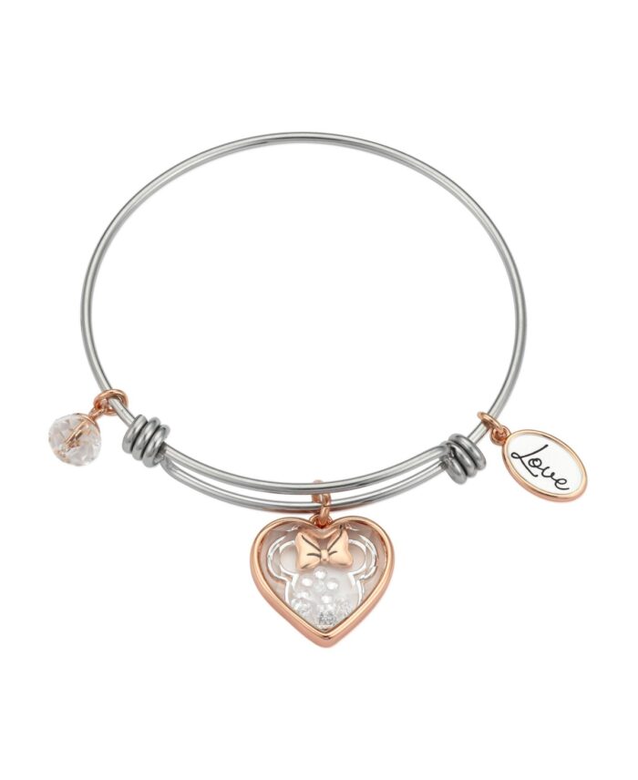 Disney Two-Tone Rose Gold Flash-Plated Minnie Mouse Crystal Shaker Stainless Steel Adjustable Bangle Bracelet