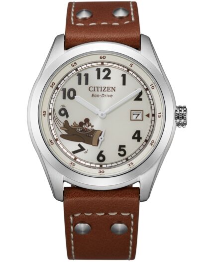Disney by Citizen Mickey Aviator Brown Leather Strap Watch 40mm