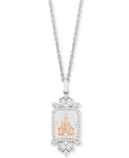 Enchanted Disney Diamond (1/6 ct. t.w.) & White Topaz (4-1/2 ct. t.w.) Majestic Princess Castle Pendant Necklace in Sterling Silver & 14k Rose Gold, 16" + 2" Extender"