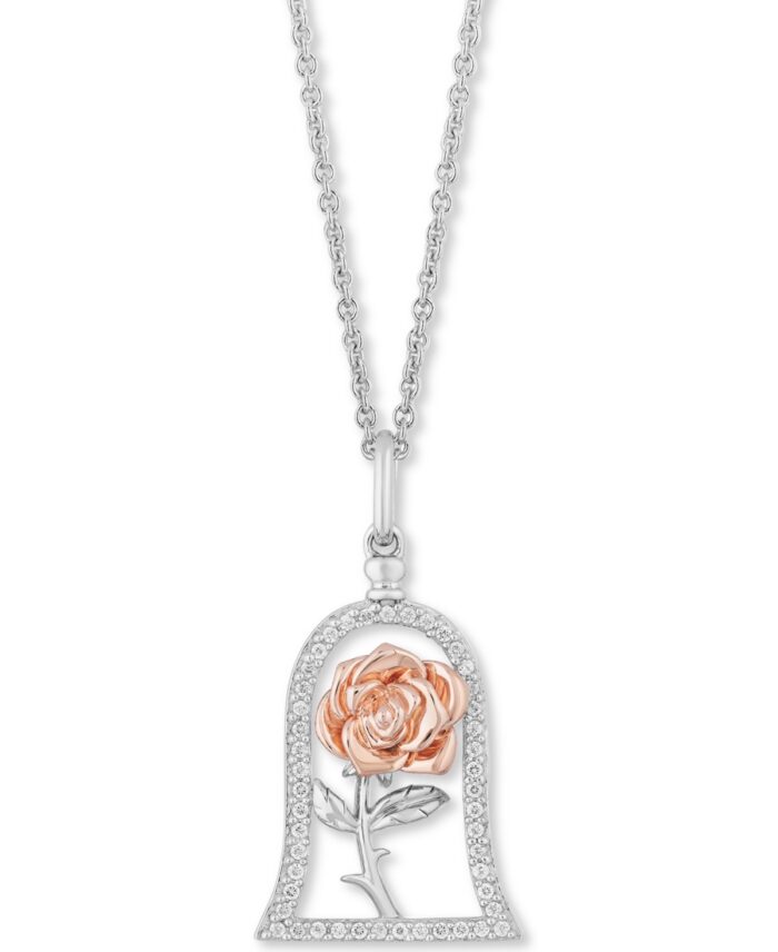 Enchanted Disney Diamond Rose Belle Pendant Necklace (1/5 ct. t.w.) in Sterling Silver & 14k Rose Gold