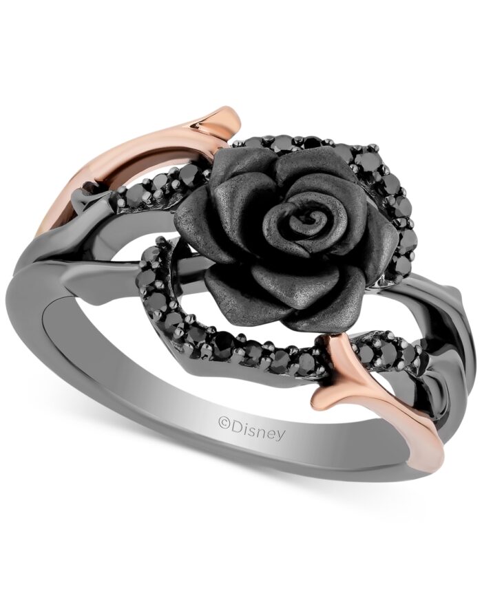 Enchanted Disney Fine Jewelry Black Diamond Maleficent Flower Ring (1/5 ct. t.w.) in 14k Rose Gold, Sterling Silver & Black Rhodium-Plate