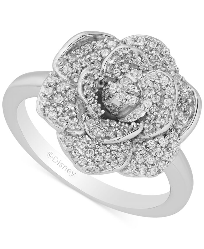 Enchanted Disney Fine Jewelry Diamond Cinderella 70th Anniversary Gardenia Flower Ring (1/5 ct. t.w.) in 14k White Gold