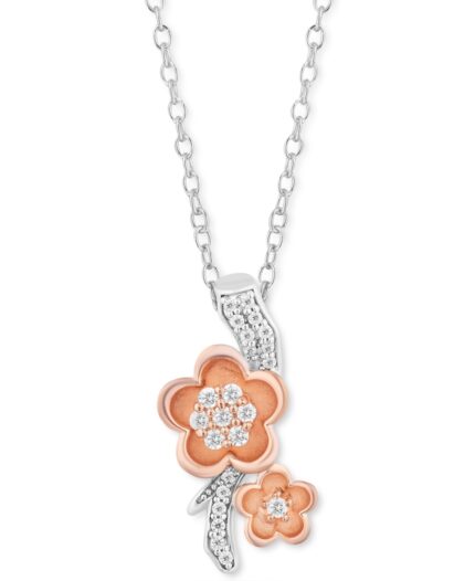 Enchanted Disney Fine Jewelry Diamond Mulan Flower Pendant Necklace (1/5 ct. t.w.) in Sterling Silver & 14k Rose Gold