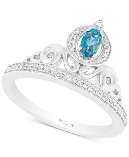 Enchanted Disney Fine Jewelry London Blue Topaz (1/3 ct. t.w.) & Diamond (1/10 ct. t.w.) Cinderella Tiara Ring in Sterling Silver