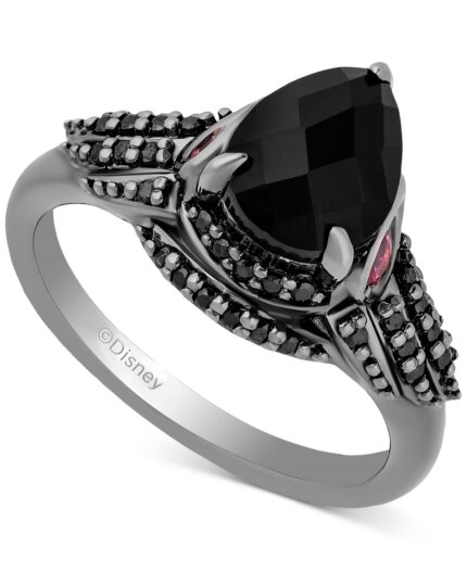 Enchanted Disney Fine Jewelry Onyx, Pink Tourmaline (1/5 ct. t.w.) & Black Diamond (1/10 ct. t.w.) Maleficent Ring in Black Rhodium-Plated Sterling Silver