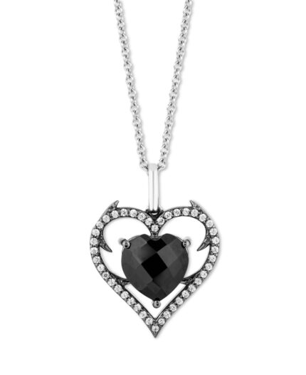 Enchanted Disney Fine Jewelry Onyx & Diamond (1/6 ct. t.w.) Maleficent Heart Pendant Necklace in Black Rhodium-Plated Sterling Silver, 16" + 2" extender