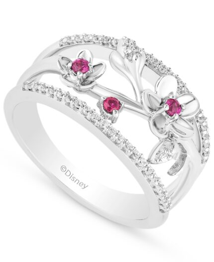 Enchanted Disney Fine Jewelry Rhodolite Garnet (1/8 ct. t.w.) & Diamond (1/5 ct. t.w.) Mulan Flower Ring in Sterling Silver