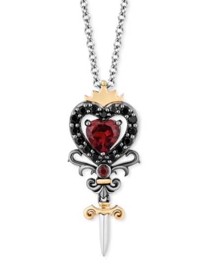 Enchanted Disney Fine Jewelry Rhodolite Garnet (5/8 ct. t.w.) & Black Diamond (1/4 ct. t.w.) Evil Queen Heart Dagger Pendant Necklace in Sterling Silver & 14k Gold, 16" + 2" extender