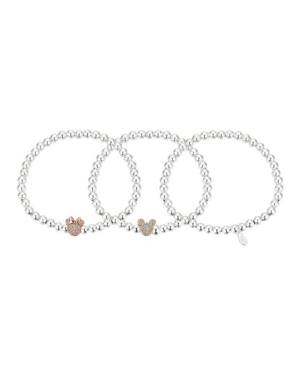 Gold Flash-Plated Cubic Zirconia Mickey and Minnie Mouse Bead Bracelet Trio