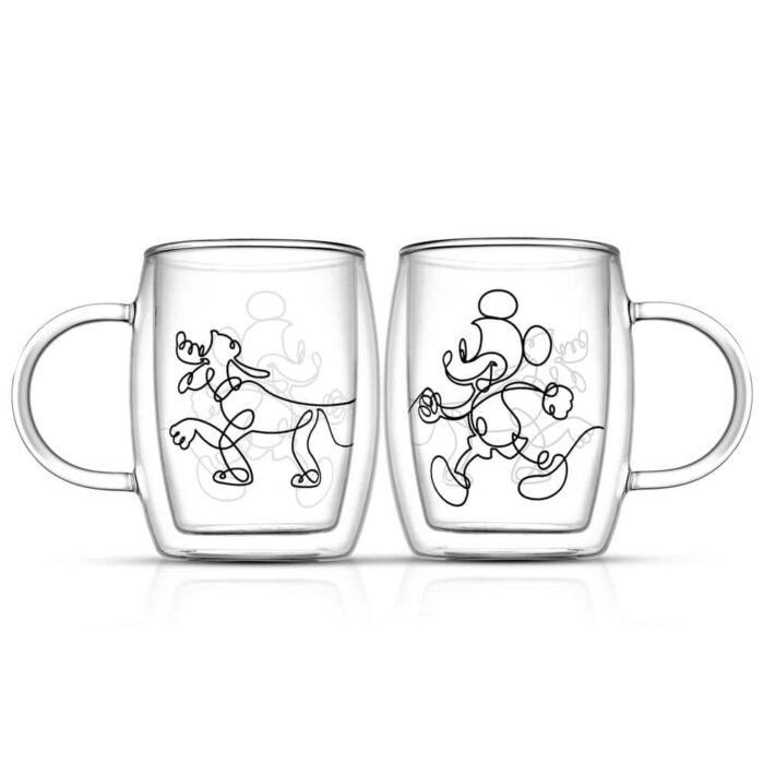JoyJolt 5.4 oz. Clear Disney Mickey Mouse and Pluto Aroma Borosilicate Glass Double Wall Coffee/Tea Mug (Set of 2)