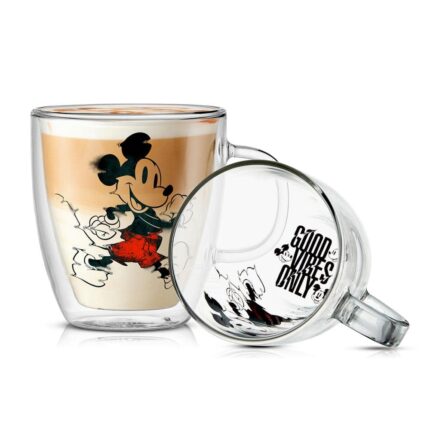 JoyJolt Disney Mickey Mouse Glitch 13.5 oz. Clear Borosilicate-Glass Double Wall Coffee Mug (Set of 2)
