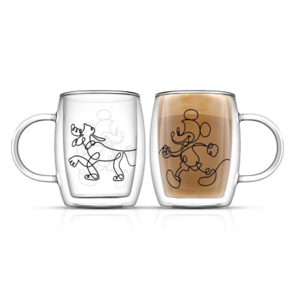 JoyJolt Disney Mickey Mouse and Pluto Aroma 13.5 oz. Clear Borosilicate Glass Double Wall Coffee/Tea Mug (Set of 2)
