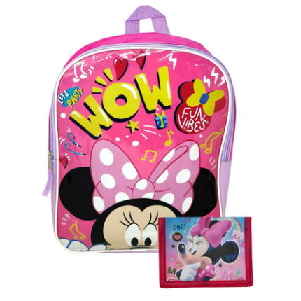 Minnie Mouse Disney Backpack 15 Girls Pink w/ Girls Bi-Fold Wallet Set