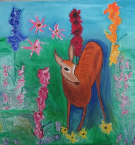 Original Animal Painting by Pam Malone | Expressionism Art on Canvas | DEER IN MY GARDEN