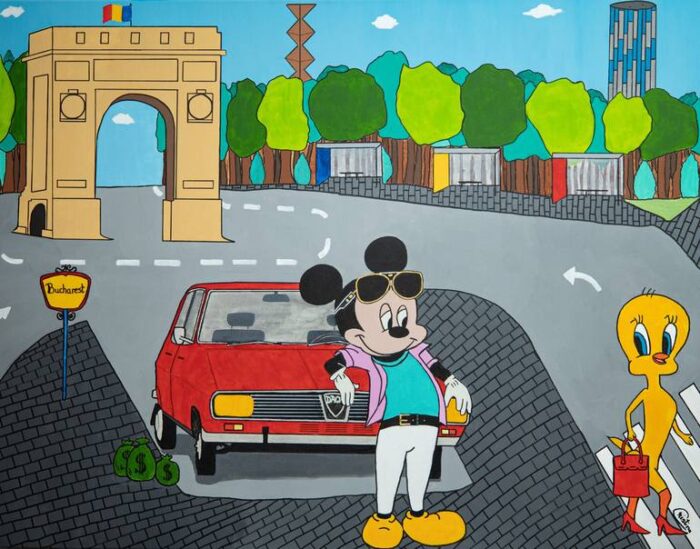 Original Cartoon Painting by Cristina Pop Art | Pop Art Art on Canvas | Mickey is showing off in little Paris!