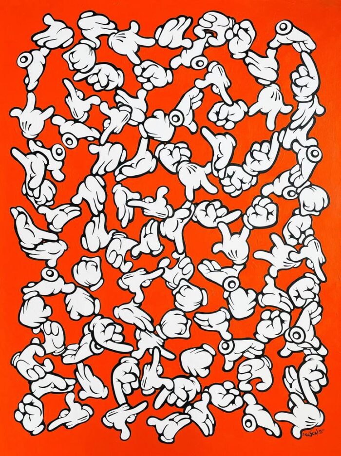 Original Cartoon Painting by Ewen Gur | comics Art on Canvas | Funky Orange Hands