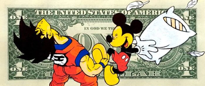 Original Cartoon Painting by Moabit Saga | Pop Art Art on Other | Mickey VS Goku - The Pillow Fight