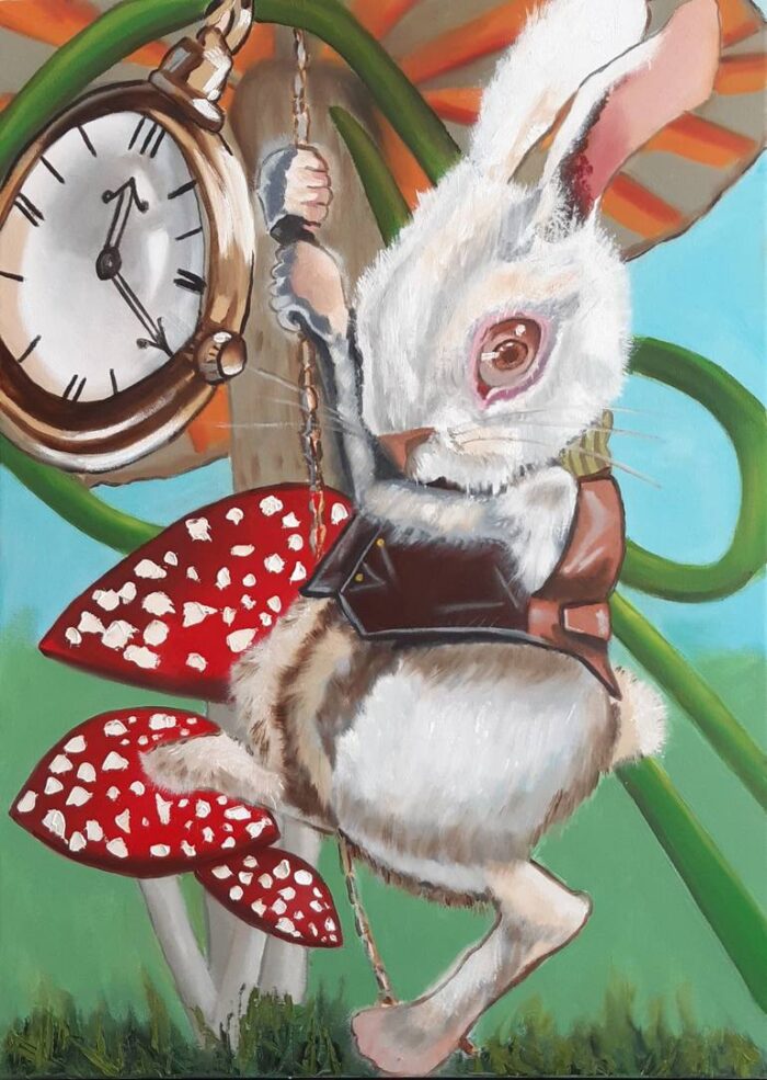 Original Fantasy Painting by Ksenia Voynich | Pop Art Art on Canvas | March white rabbit from "Alice in Wonderland. Original art