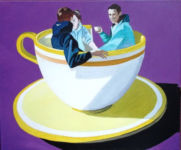 Original Fantasy Painting by Sandro Colbertaldo | Pop Art Art on Canvas | Study for "TEA TIME": "PEOPLED CUP"