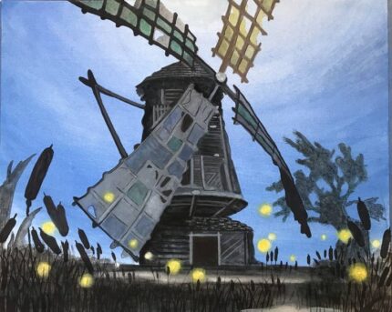 Original Landscape Painting by Alexander Maudhuit | Illustration Art on Paper | Windmill and fireflies