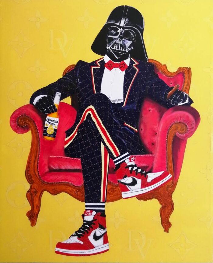 Original Pop Culture/Celebrity Painting by Jose Lara | Pop Art Art on Canvas | Darth Vader relaxed in yellow / with augmented reality