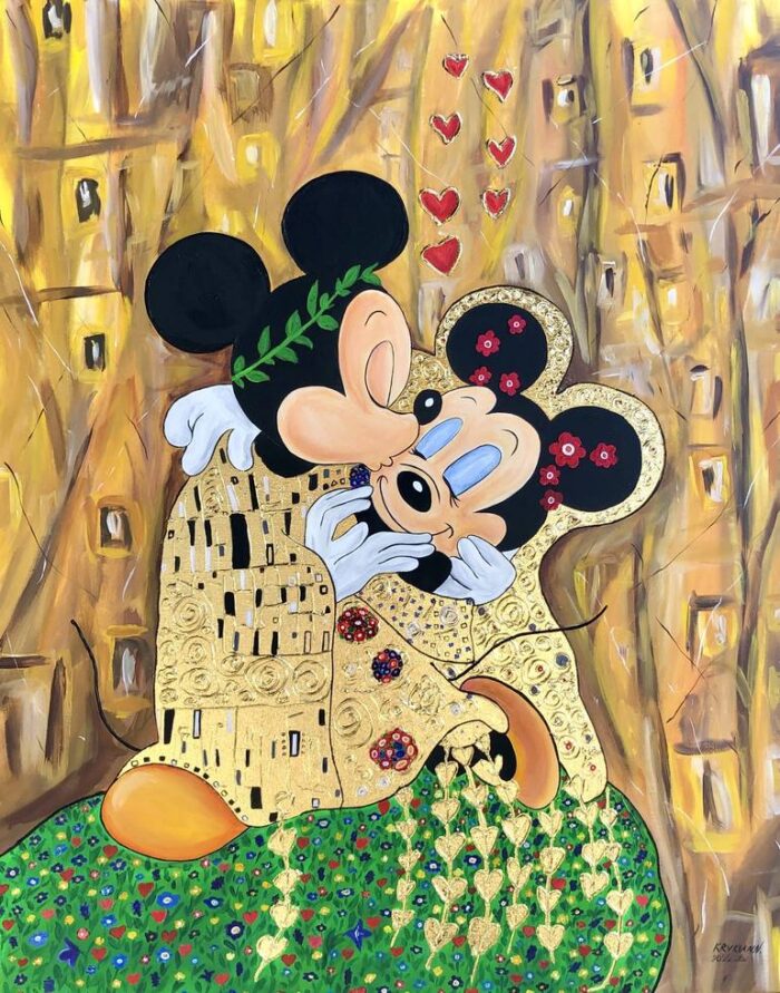 Original Pop Culture/Celebrity Painting by Natalia Krykun | Pop Art Art on Canvas | The Kiss Mickey Mouse and Minnie Mouse, Inspired by THE KISS, Gust