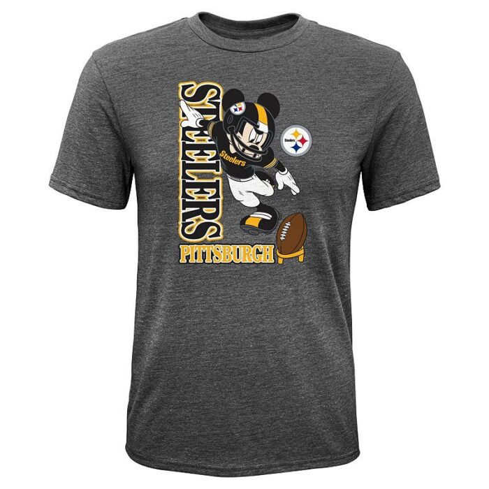 Youth Heathered Charcoal Pittsburgh Steelers Disney Kick Off Tri-Blend T-Shirt, Boy's, Size: YTH Large, Grey