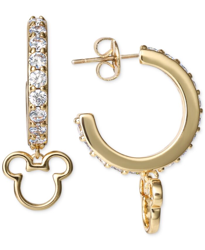Disney Cubic Zirconia Mickey Mouse Charm Huggie Hoop Earrings in 18k Gold-Plated Sterling Silver