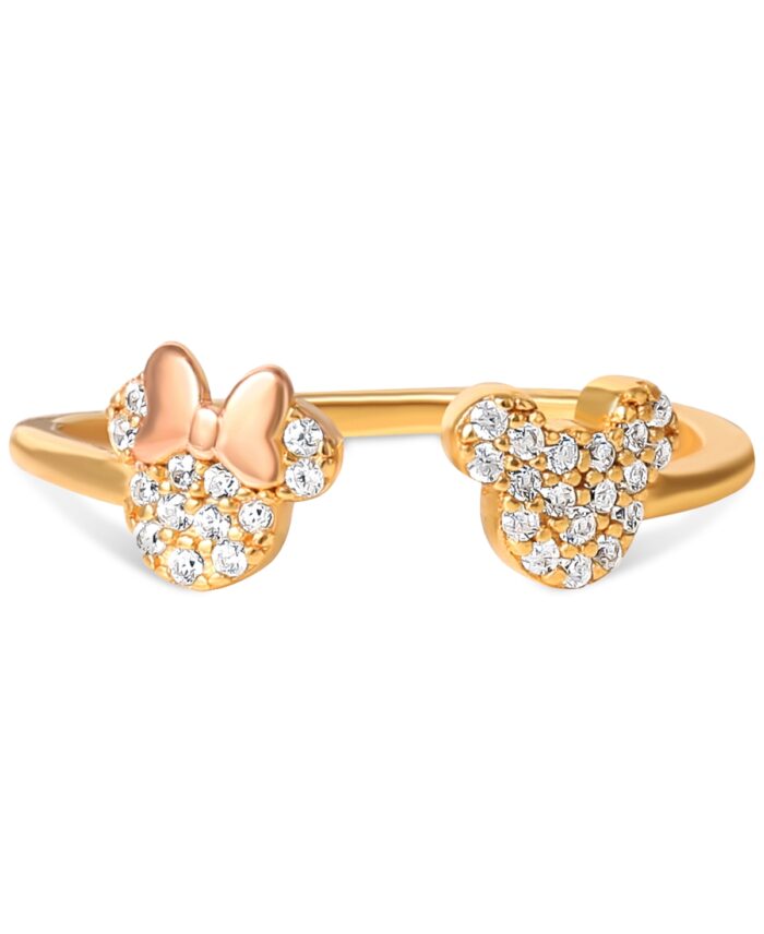 Disney Cubic Zirconia Mickey & Minnie Mouse Adjustable Cuff Ring in 18k Gold- & 18k Rose Gold-Plated Sterling Silver