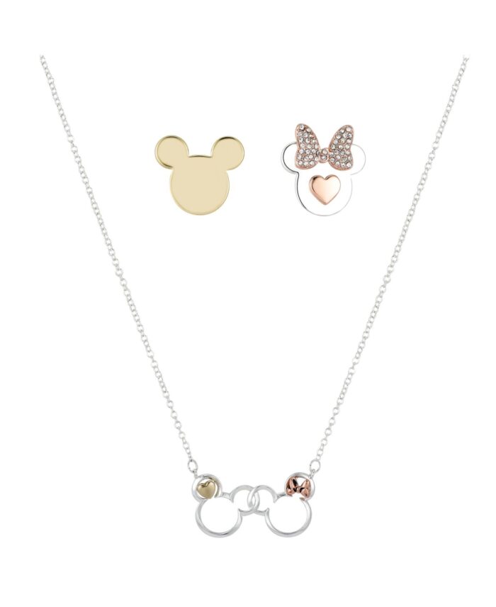 Disney Tri-Tone Gold Flash Plated Mickey Minnie Lapel Pin and Pendant Necklace Set