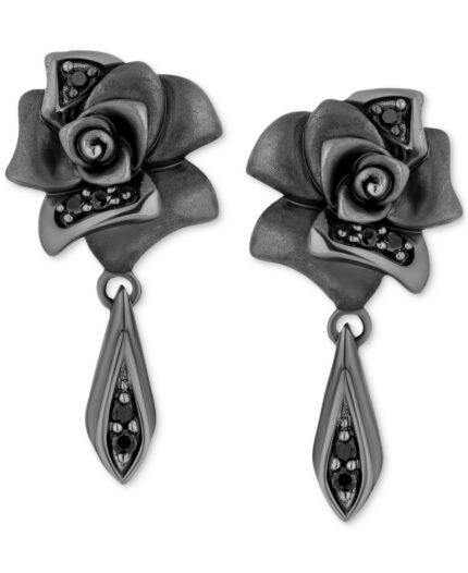 Enchanted Disney Fine Jewelry Black Diamond Maleficent Flower Drop Earrings (1/10 ct. t.w.) in Black Rhodium-Plated Sterling Silver