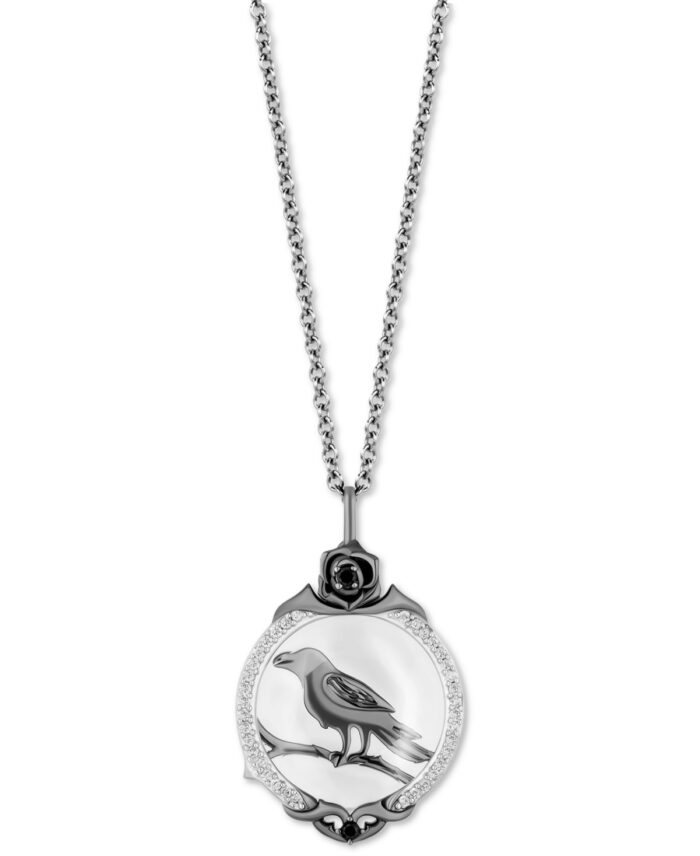 Enchanted Disney Fine Jewelry White Topaz (4-5/8 ct. t.w.), Diamond (1/6 ct. t.w.) & Black Diamond Accent Maleficent Crow Pendant Necklace in Sterling Silver & Black Rhodium-Plate, 16" + 2" extender